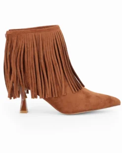 MY JEWELS - Tronchetto camel scamosciato a punta con frange e zip posteriore, tacco 7,5CM