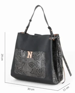 NARDINI - Borsa a spalla nera pitonata con due scomparti interni e tasca frontale, tracolla removibile