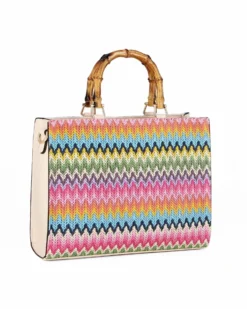 NARDINI - Borsa beige intreccio multicolor con manici effetto bamboo, tracolla removibile