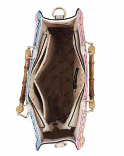 NARDINI - Borsa beige intreccio multicolor con manici effetto bamboo, tracolla removibile