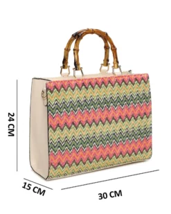 NARDINI - Borsa beige intreccio multicolor con manici effetto bamboo, tracolla removibile
