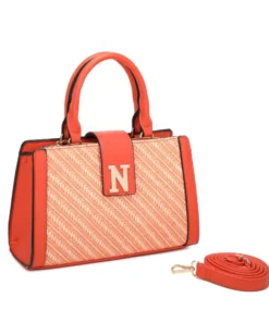 NARDINI - Borsa due manici arancione con parte frontale in paglia e mini pattina, tracolla removibile