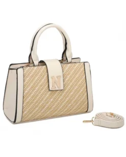 NARDINI - Borsa due manici beige con parte frontale in paglia e mini pattina, tracolla removibile