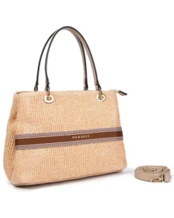 NARDINI - Borsa due manici beige in paglia con tre scomparti interni, tracolla removibile