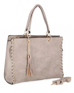 NARDINI - Borsa due manici khaki con tasca posteriore e pennacchio a frange, tracolla removibile