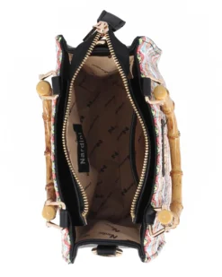 NARDINI - Borsa nera intreccio multicolor con manici effetto bamboo, tracolla removibile