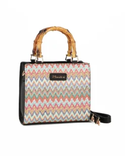 NARDINI - Borsa nera intreccio multicolor con manici effetto bamboo, tracolla removibile