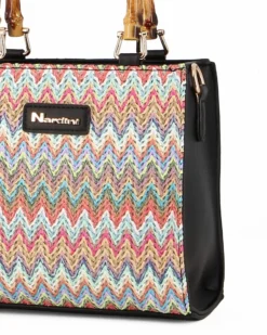 NARDINI - Borsa nera intreccio multicolor con manici effetto bamboo, tracolla removibile