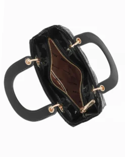 NARDINI - Borsa piccola nera due manici effetto vernice trapuntata con cuori e ciondoli, tracolla removibile