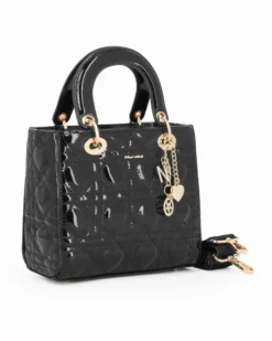 NARDINI - Borsa piccola nera due manici effetto vernice trapuntata con cuori e ciondoli, tracolla removibile