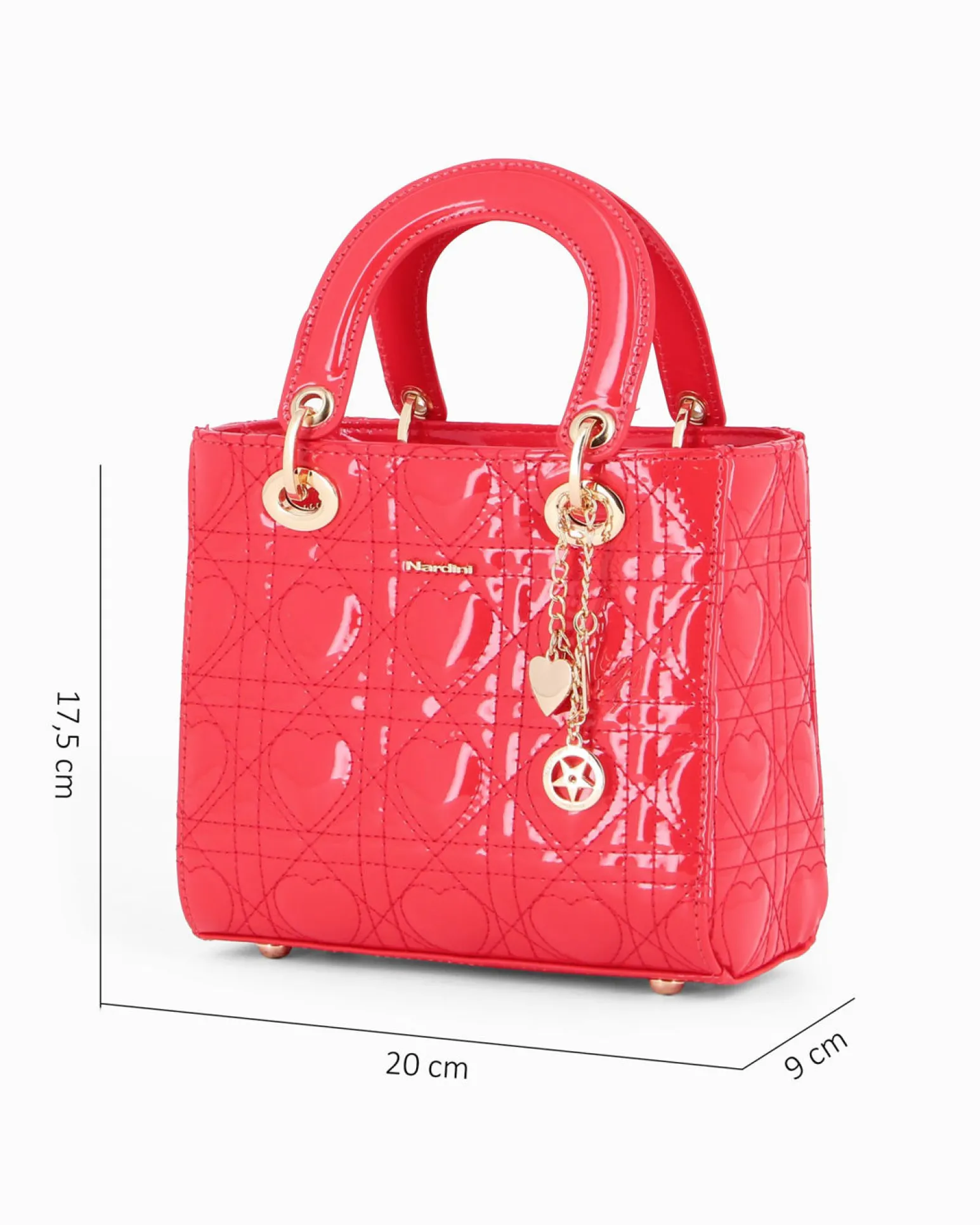 NARDINI - Borsa piccola rossa due manici effetto vernice trapuntata con cuori e ciondoli, tracolla removibile