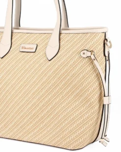 NARDINI - Borsa shopping beige con parte frontale intrecciata effetto paglia, laccetti laterali e tasca posteriore, tracolla removibile