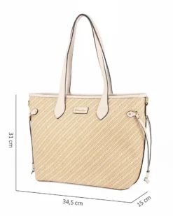 NARDINI - Borsa shopping beige con parte frontale intrecciata effetto paglia, laccetti laterali e tasca posteriore, tracolla removibile