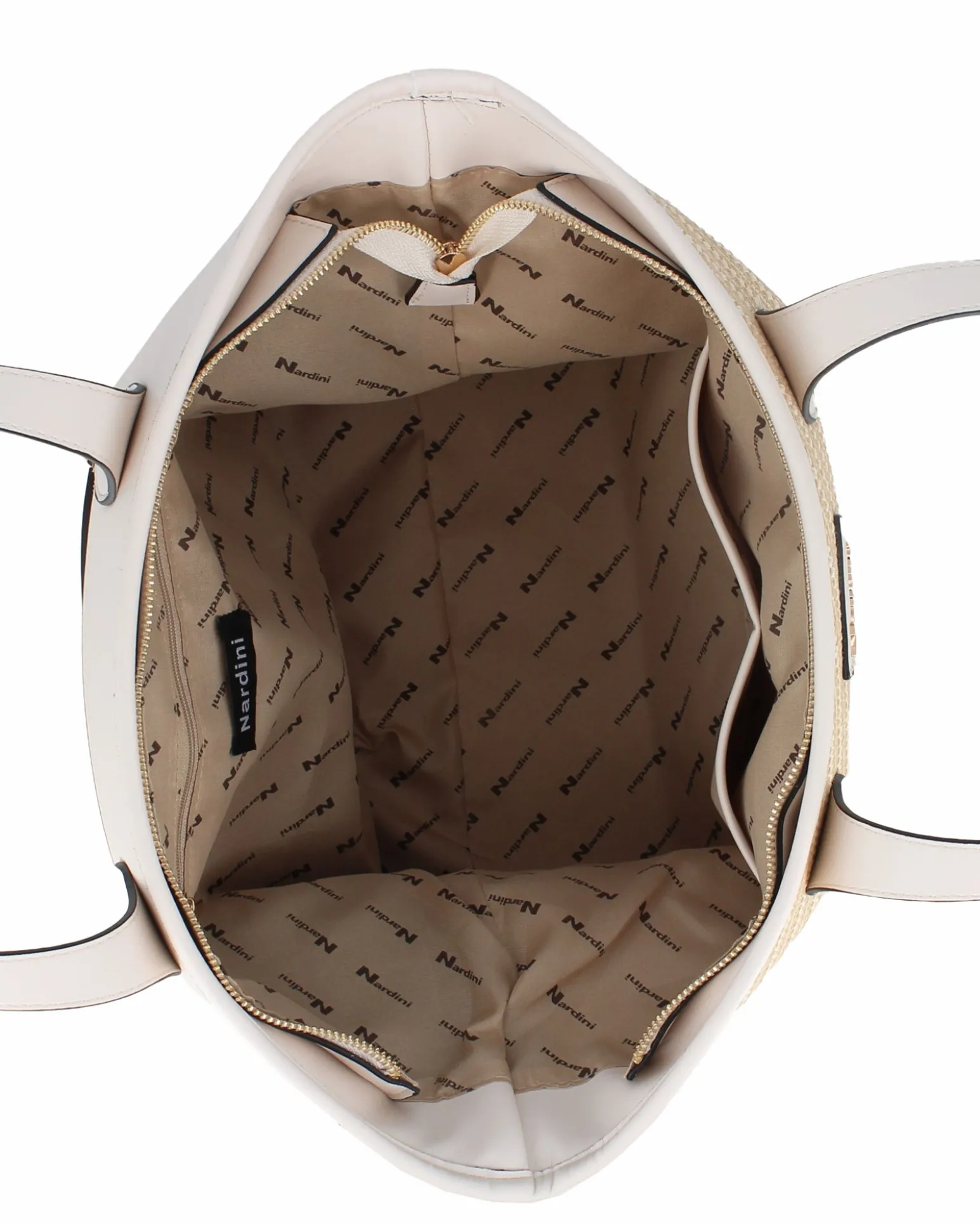 NARDINI - Borsa shopping beige con parte frontale intrecciata effetto paglia, laccetti laterali e tasca posteriore, tracolla removibile