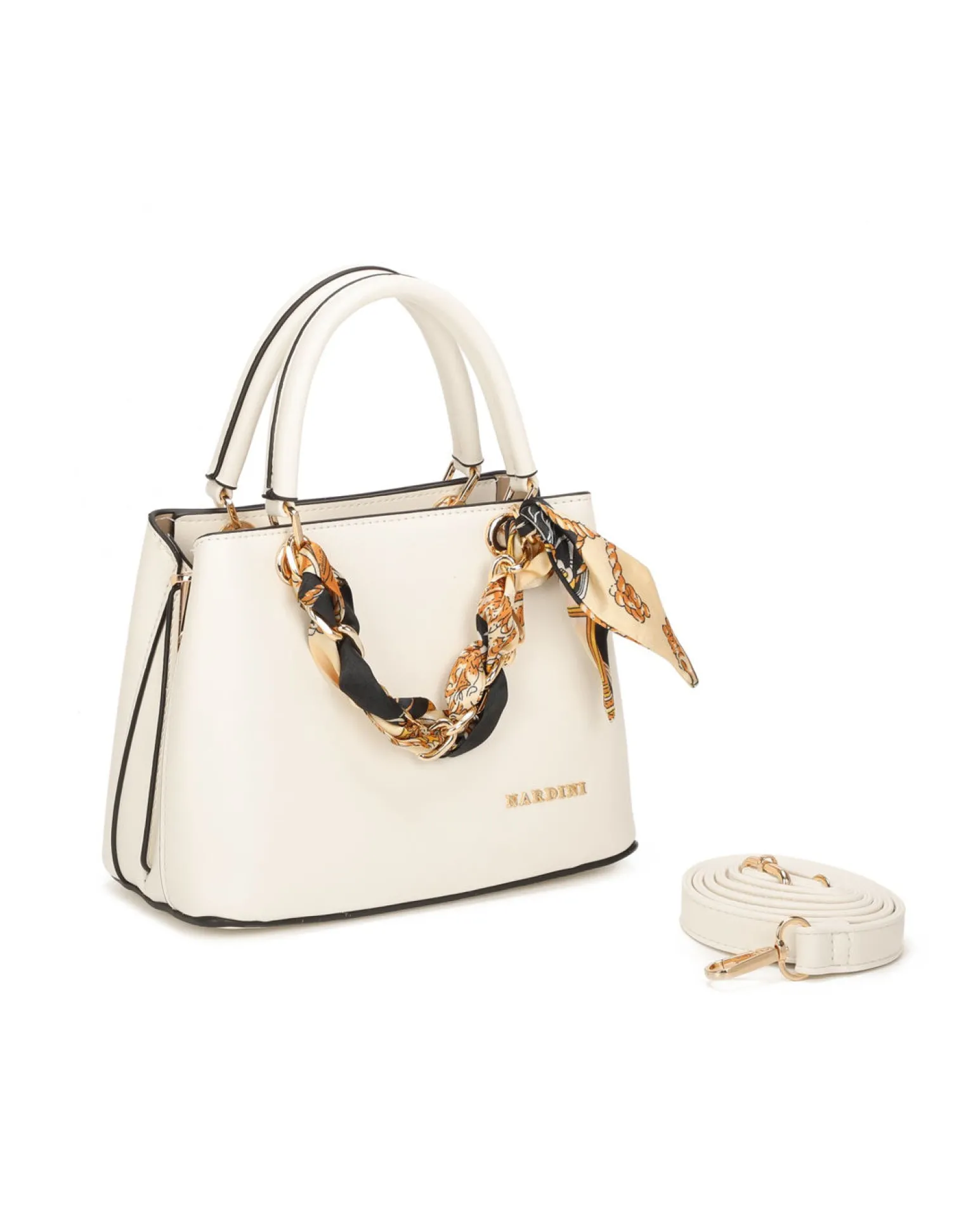 NARDINI - Minibag avorio con tre scomparti principali e catena con foulard, tracolla removibile