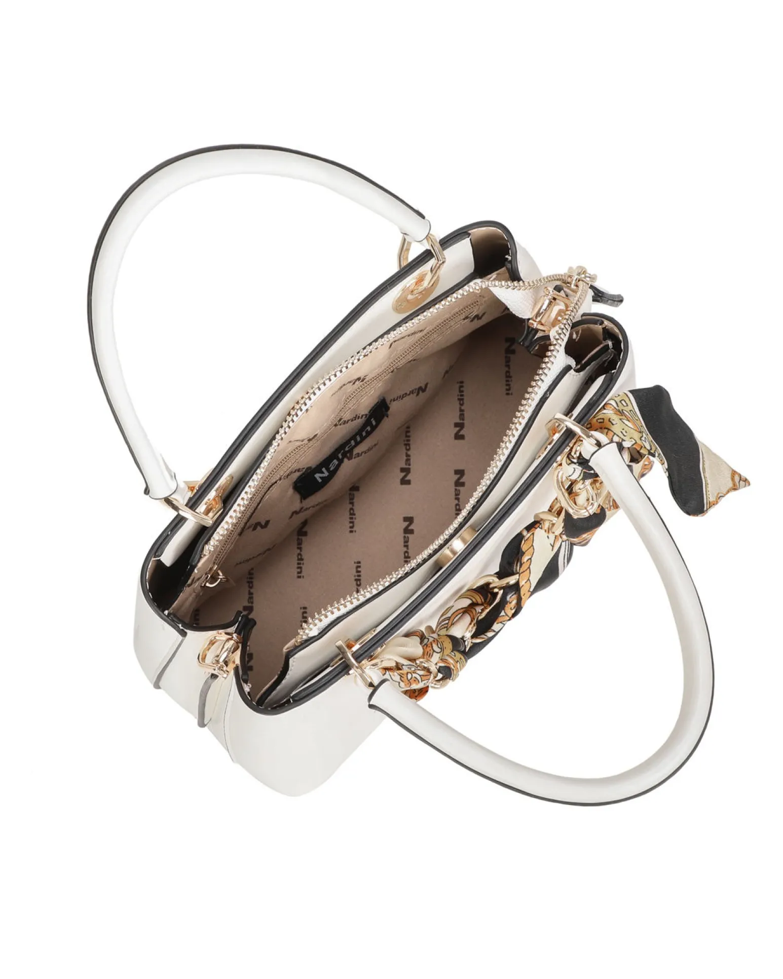 NARDINI - Minibag bianca con tre scomparti principali e catena con foulard, tracolla removibile