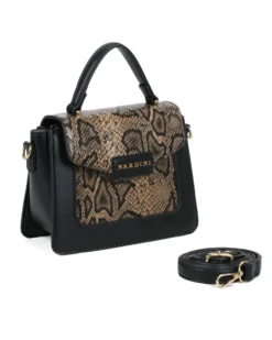 NARDINI - Minibag marrone con patta e parte frontale pitonata, tracolla removibile