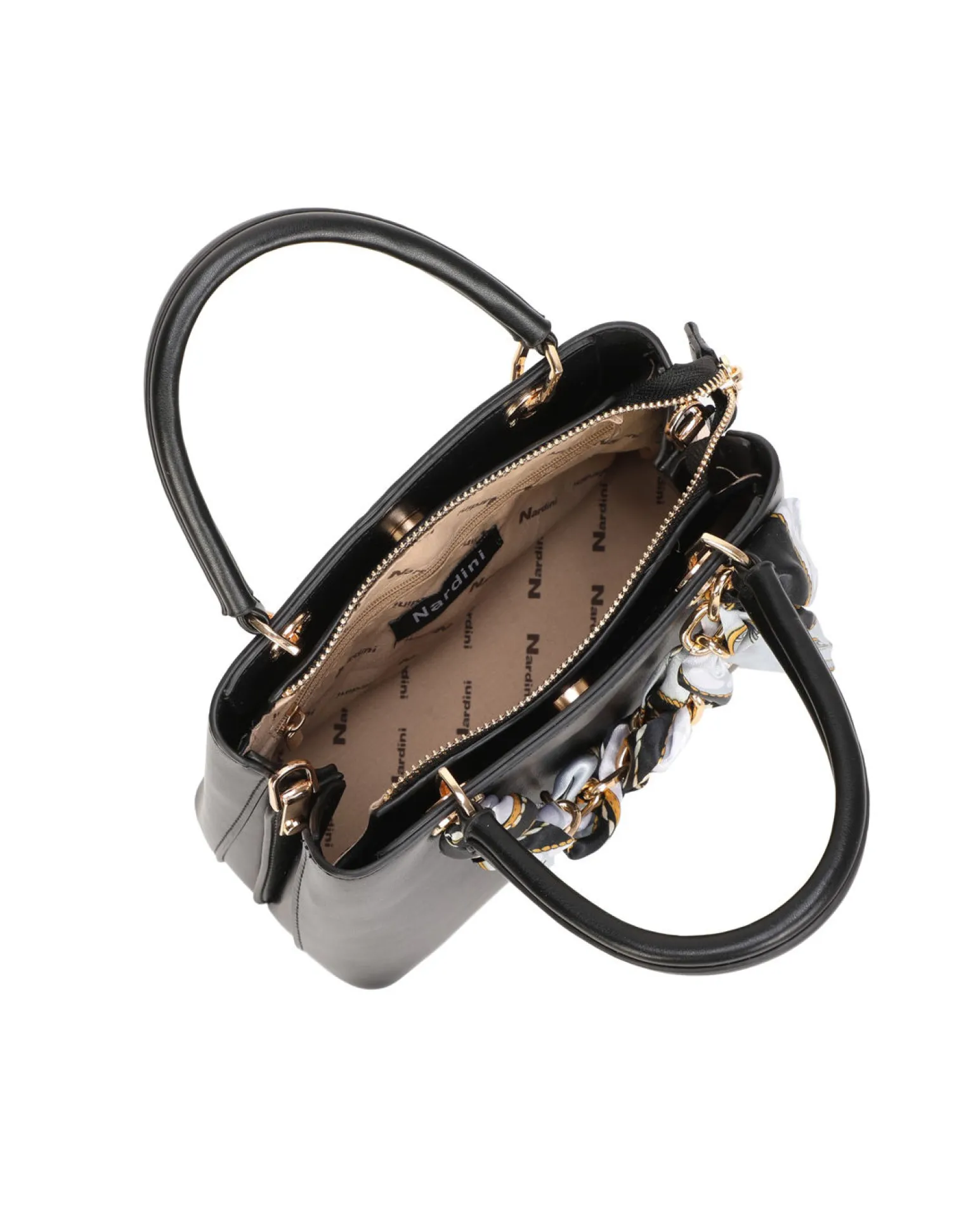NARDINI - Minibag nera con tre scomparti principali e catena con foulard, tracolla removibile