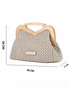 NARDINI - Pochette in tessuto intrecciato blu con manico in legno, tracollina removibile