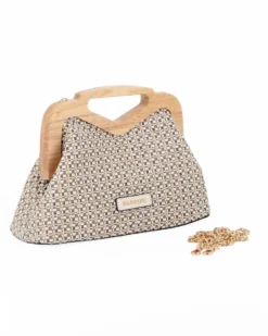 NARDINI - Pochette in tessuto intrecciato bronzo con manico in legno, tracollina removibile