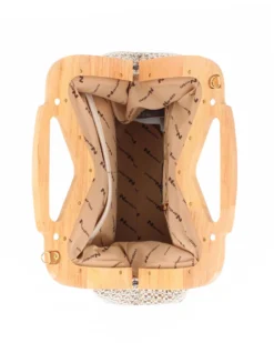 NARDINI - Pochette in tessuto intrecciato bronzo con manico in legno, tracollina removibile