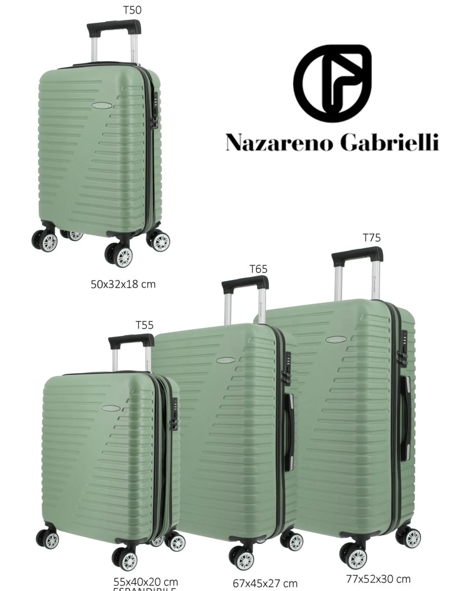 NAZARENO GABRIELLI - TROLLEY VERDE SALVIA IN ABS 4 RUOTE