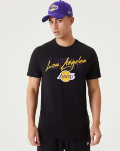 NEW ERA - T shirt da uomo nera in cotone con logo Los Angeles Lakers