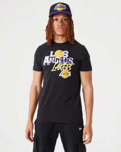 NEW ERA - T shirt girocollo da uomo nera in cotone con logo Los Angeles Lakers
