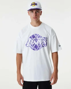 NEW ERA - T shirt oversize da uomo bianca in cotone con logo Lakers viola