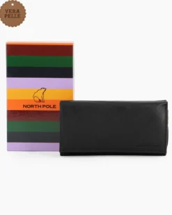 NORTH POLE - Portafoglio nero in VERA PELLE da donna con patta e tasca posteriore