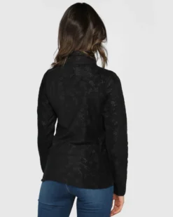 ON SPIRIT - Pile da donna nero con fantasia floreale e zip frontale