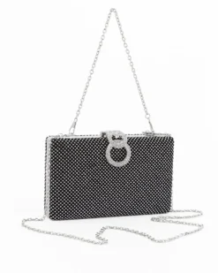 Pochette clutch nera con strass argento e chiusura tre anelli con strass - DIVAS