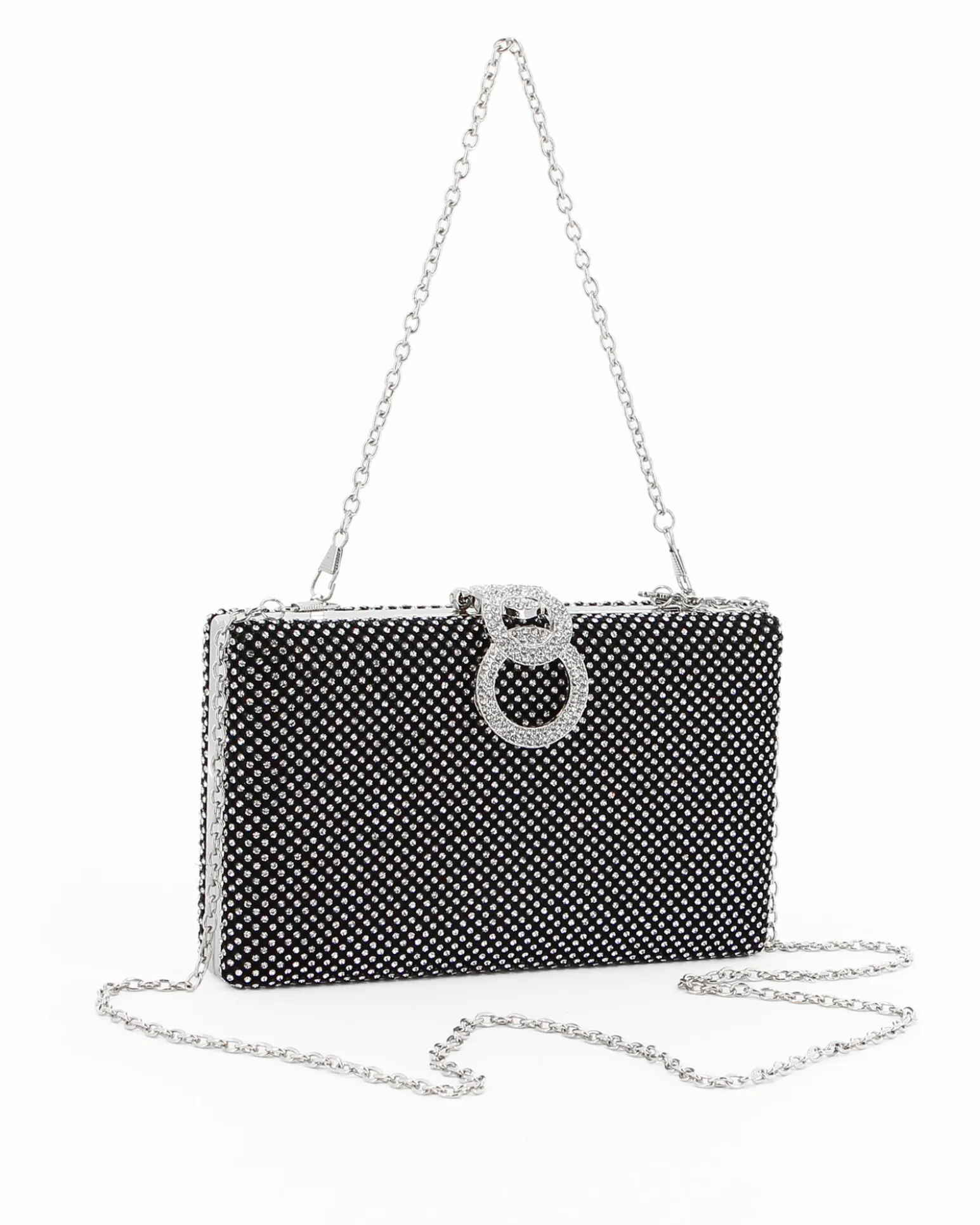 Pochette clutch nera con strass argento e chiusura tre anelli con strass - DIVAS