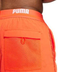 PUMA - Costume da bagno pantaloncino corto arancione con elastico in vita e logo bianco