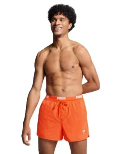 PUMA - Costume da bagno pantaloncino corto arancione con elastico in vita e logo bianco