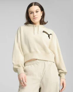 PUMA - FELPA CON CAPPUCCIO BEIGE LEO LUXE RELAXED CROPPED HD DA DONNA, 632338-87