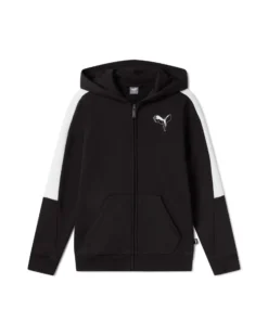 PUMA - FELPA CON CAPPUCCIO JUNIOR (5-16 ANNI) NERA CON BANDE BIANCHE ESSENTIAL LOGO LAB FZ CAT HD FL, 684800-01