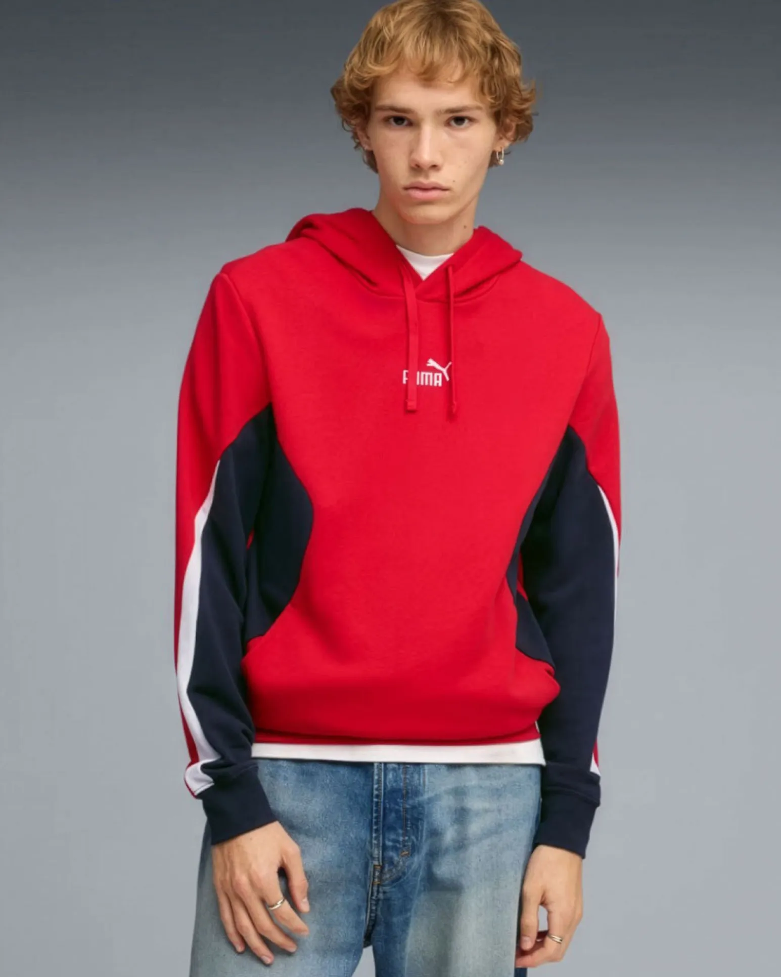 PUMA -FELPA CON CAPPUCCIO ROSSA E BLU ESSENTIAL BLOCK HD DA UOMO, 691699-11