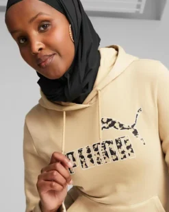 PUMA - Felpa da donna beige con logo leopardato e cappuccio
