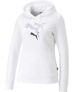 PUMA - Felpa da donna bianca con logo nero e lilla e cappuccio