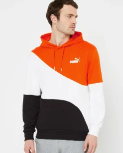 PUMA - Felpa da uomo arancione nera e bianca con cappuccio