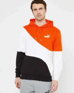 PUMA - Felpa da uomo arancione nera e bianca con cappuccio