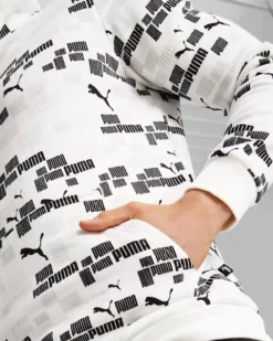 PUMA - Felpa da uomo bianca con stampa logo nera e cappuccio