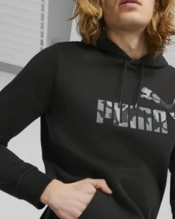 PUMA - Felpa da uomo nera con cappuccio e logo camouflage