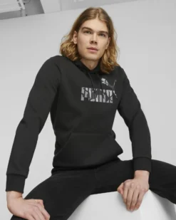 PUMA - Felpa da uomo nera con cappuccio e logo camouflage