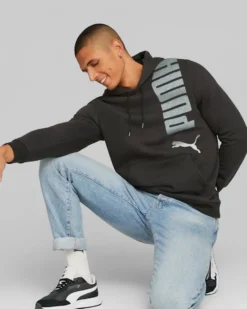 PUMA - Felpa da uomo nera con cappuccio e logo bianco