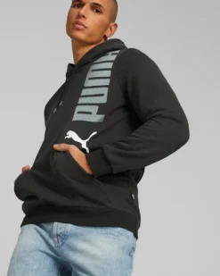 PUMA - Felpa da uomo nera con cappuccio e logo bianco