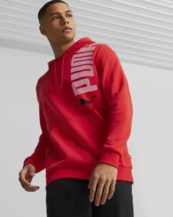 PUMA - Felpa da uomo rossa con cappuccio e logo bianco e nero