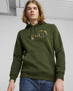 PUMA - Felpa da uomo verde scuro con logo camouflage e cappuccio