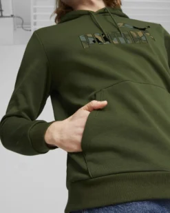 PUMA - Felpa da uomo verde scuro con logo camouflage e cappuccio